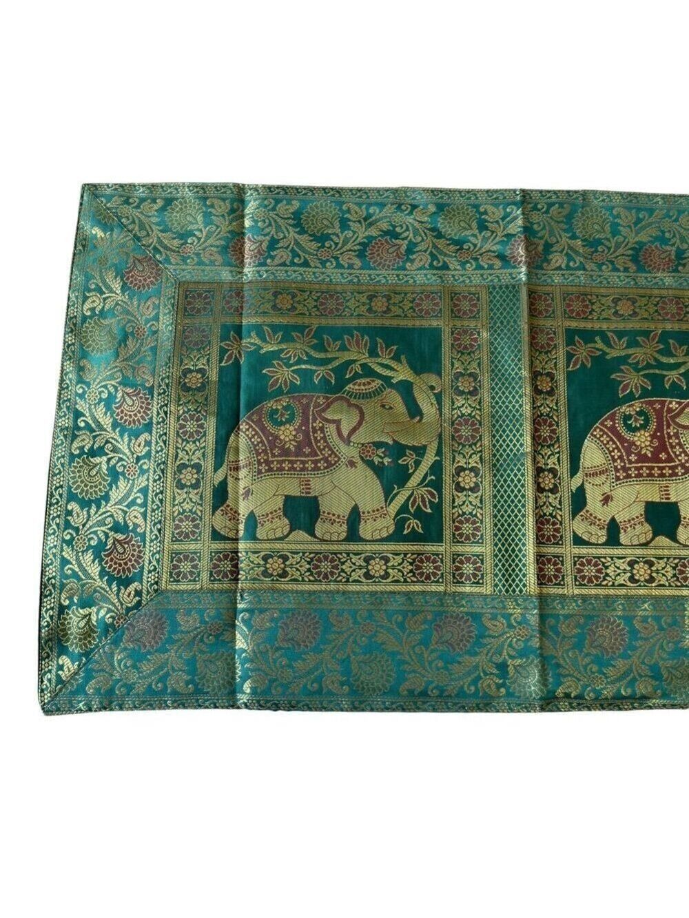 Boho Indian Silk Table Runner Green Tapestry 16” Width x 60” Length Elephants